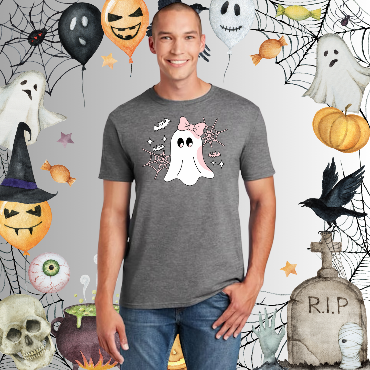 Adult Cute Ghost Pink Bow Tee