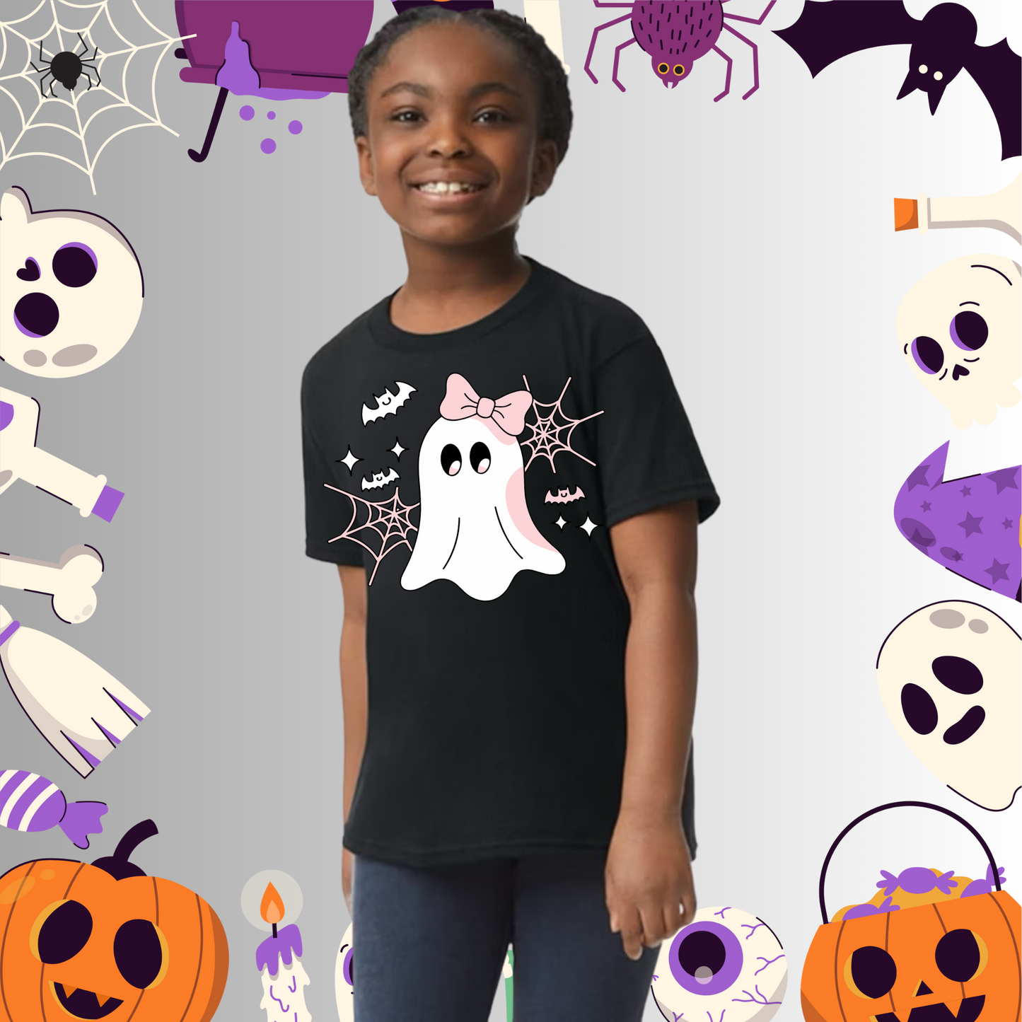 Youth Cute Ghost Pink Bow Tee