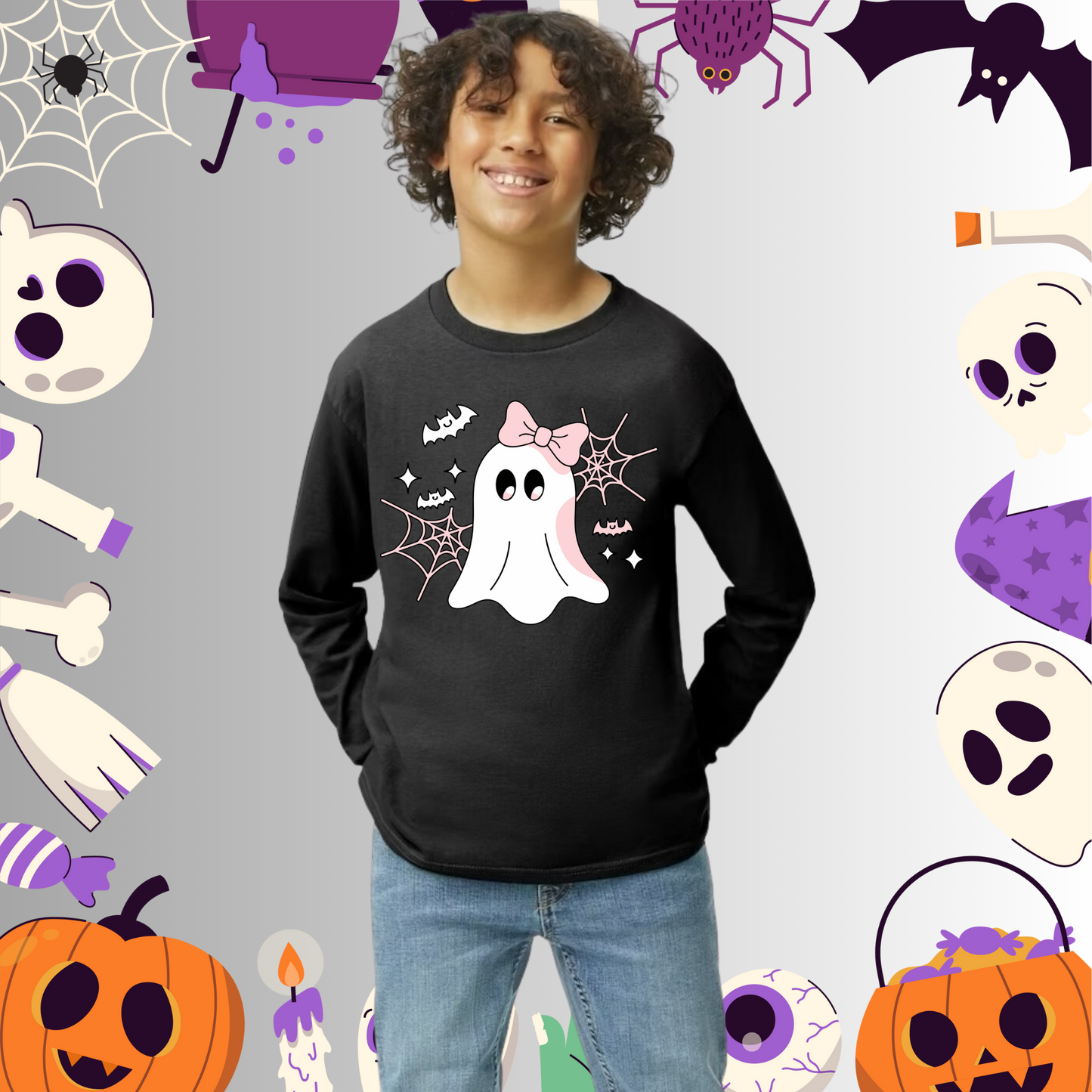 Youth Cute Ghost Pink Bow Long Sleeve