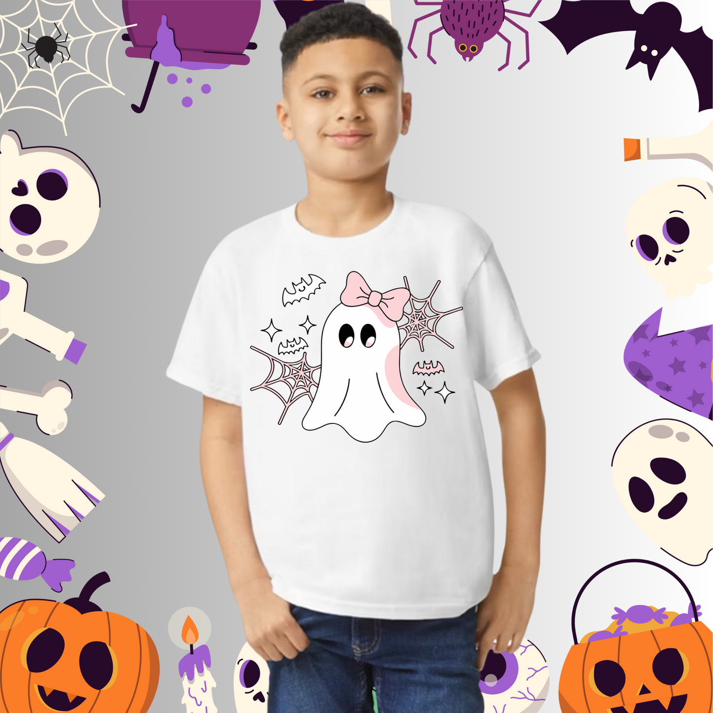 Youth Cute Ghost Pink Bow Tee