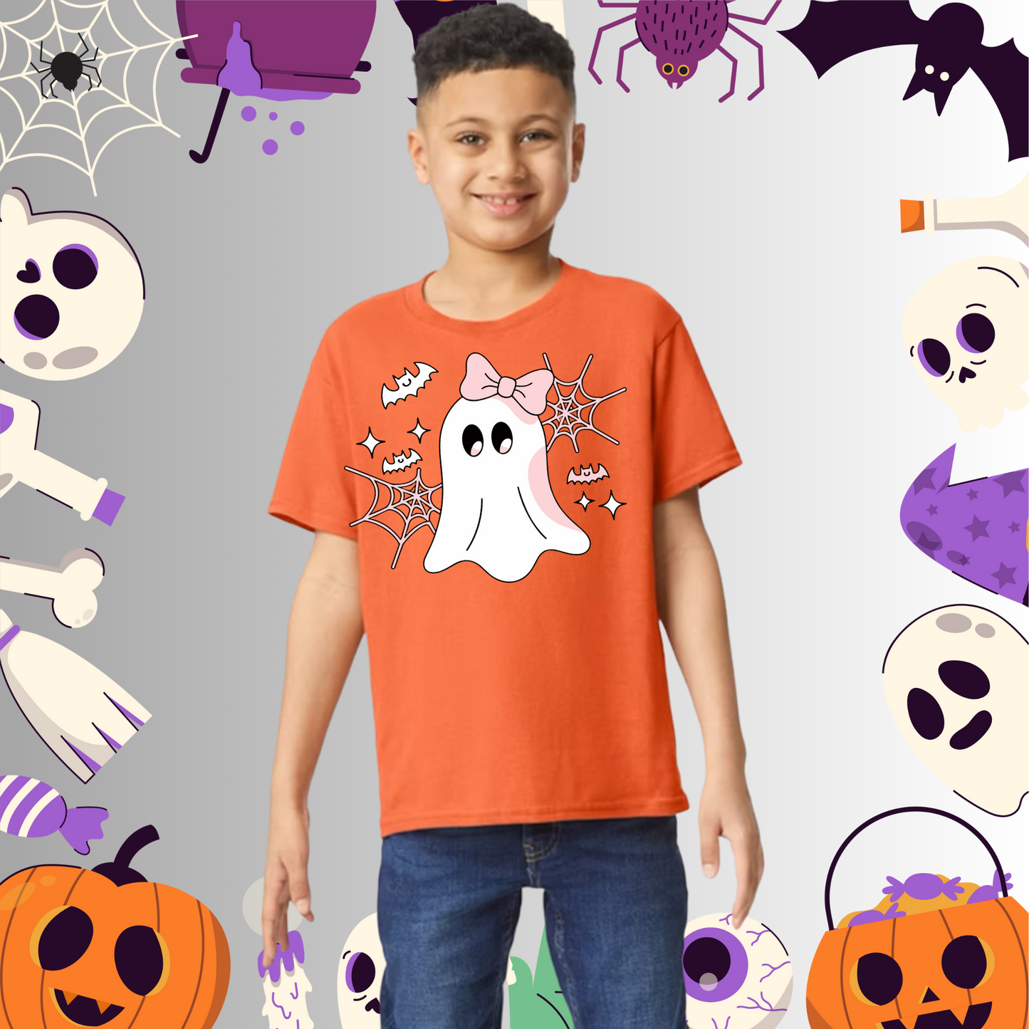 Youth Cute Ghost Pink Bow Tee