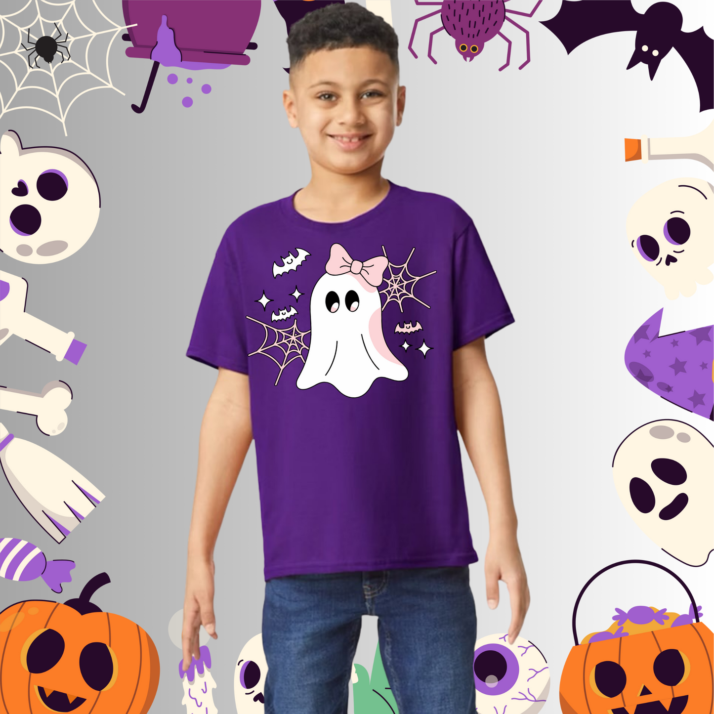 Youth Cute Ghost Pink Bow Tee