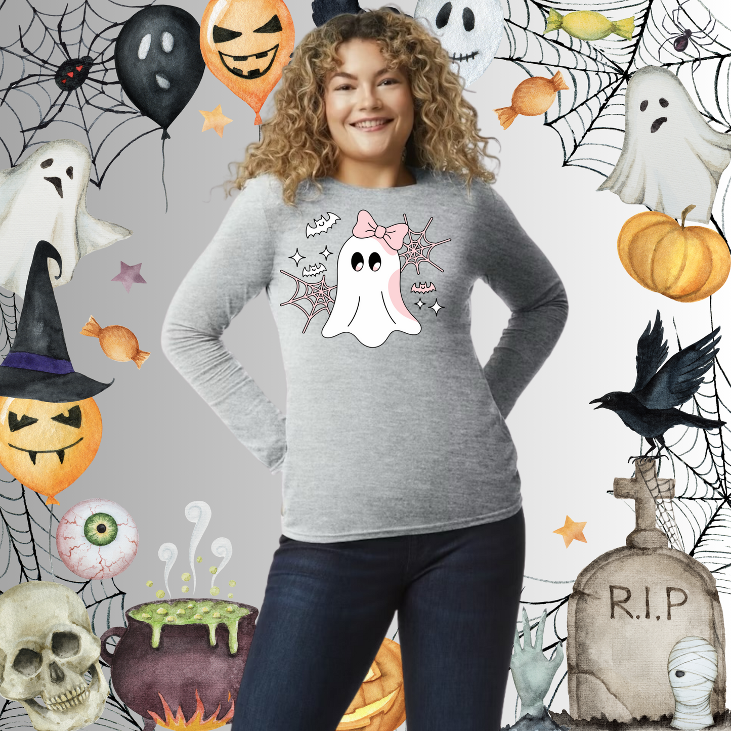Adult Cute Ghost Pink Bow Long Sleeve