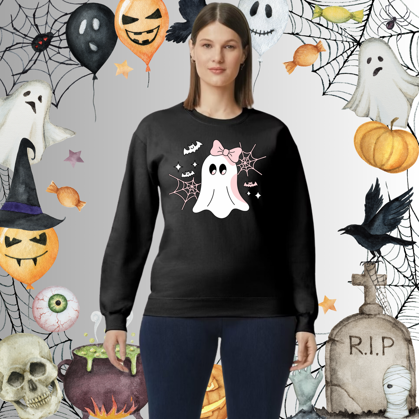Adult Cute Ghost Pink Bow Sweatshirt