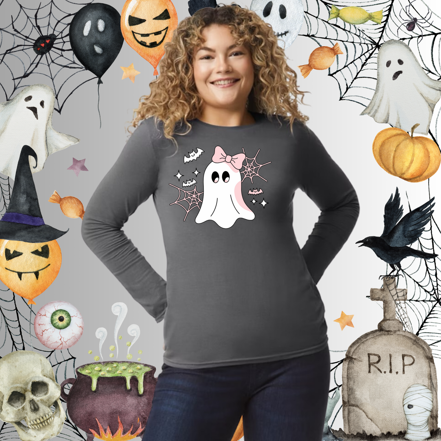 Adult Cute Ghost Pink Bow Long Sleeve