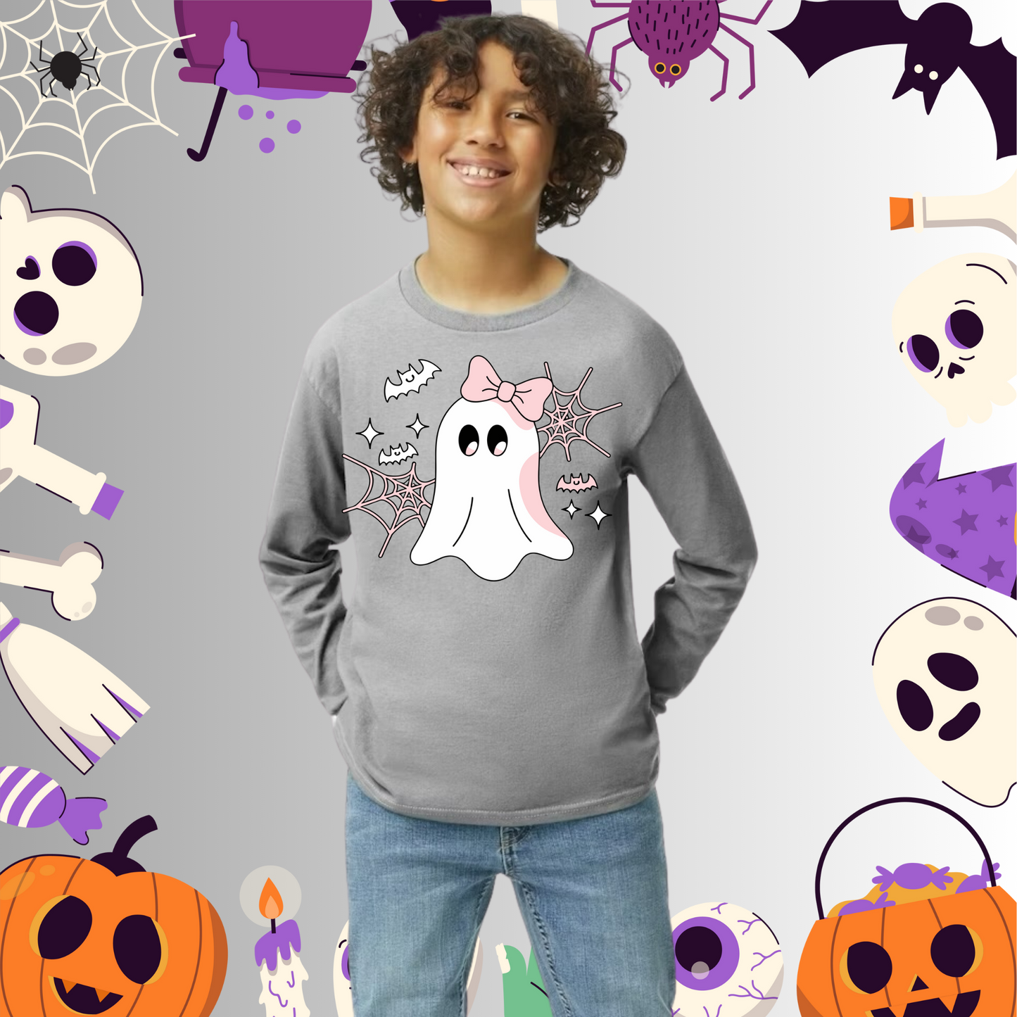 Youth Cute Ghost Pink Bow Long Sleeve