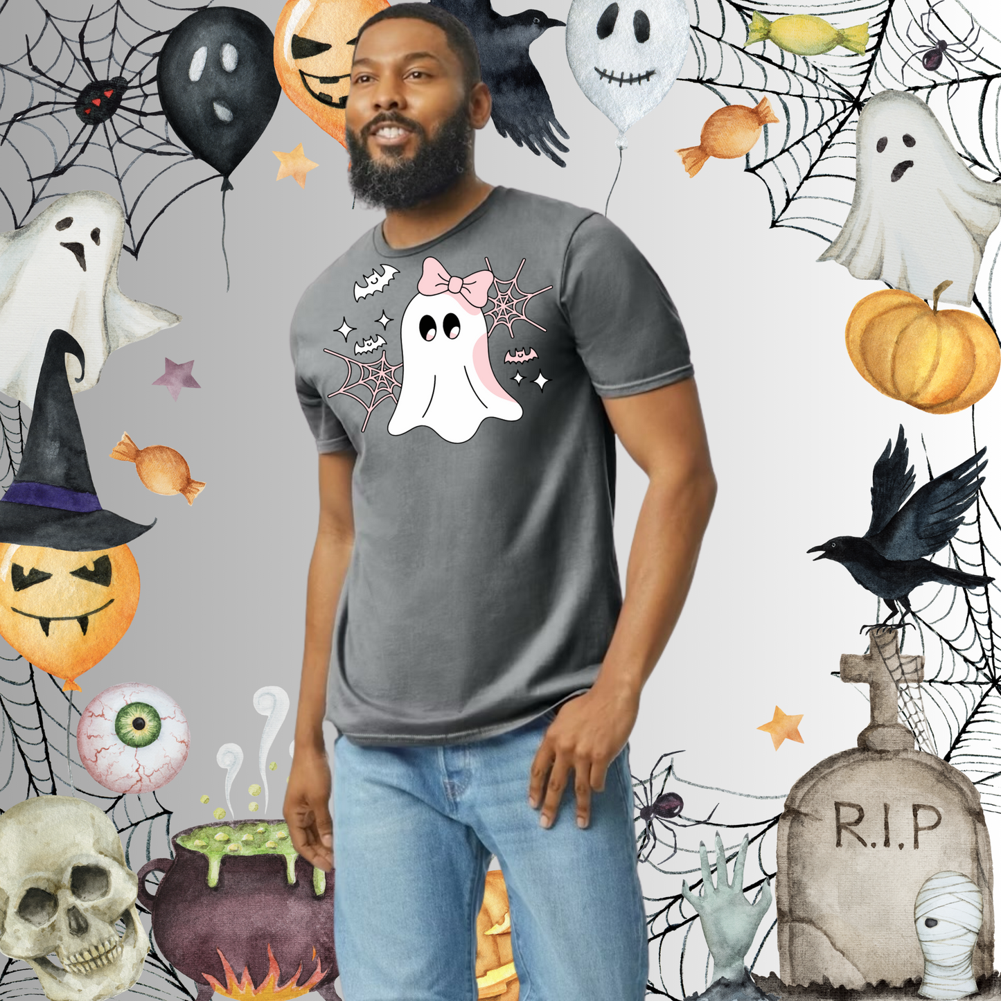 Adult Cute Ghost Pink Bow Tee