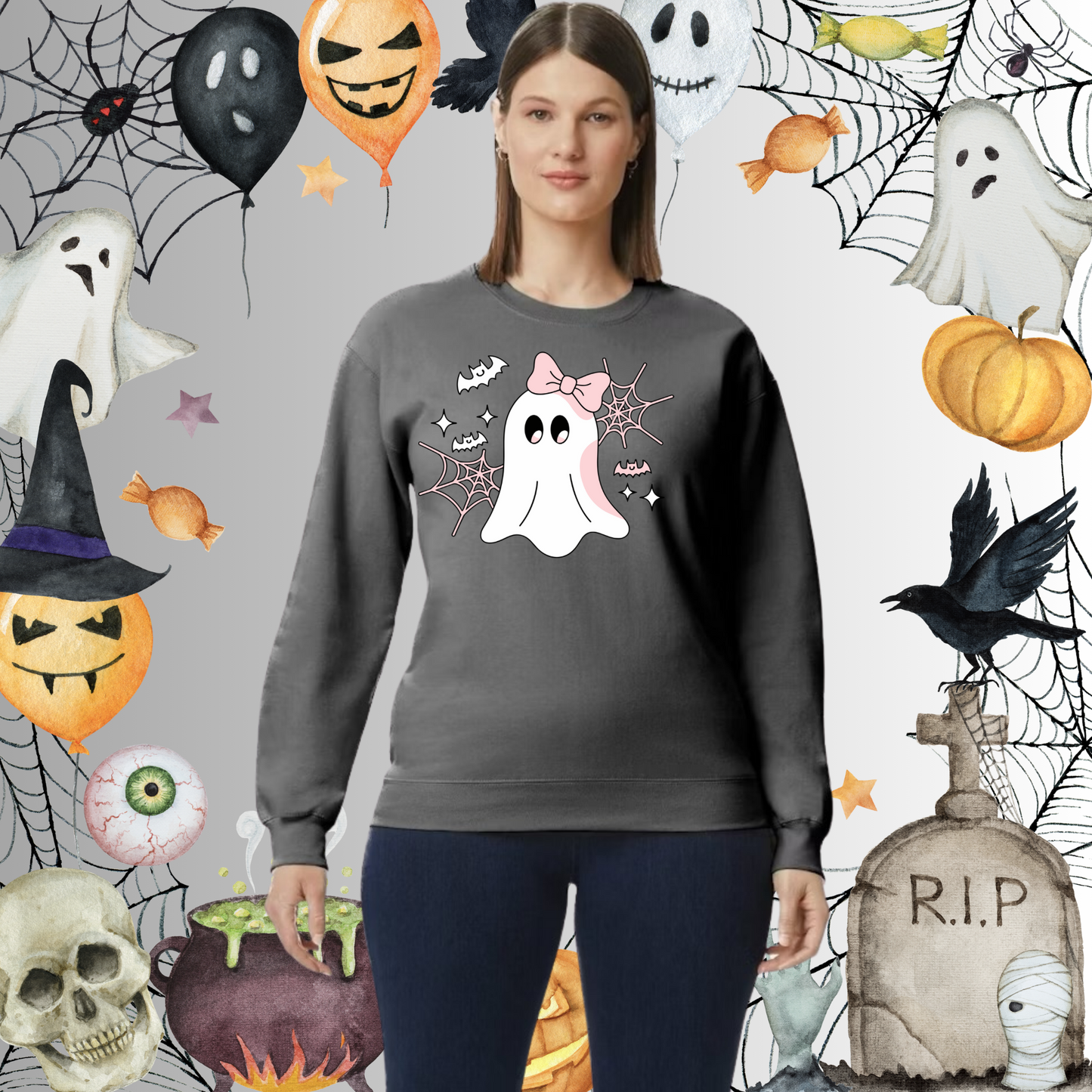 Adult Cute Ghost Pink Bow Sweatshirt