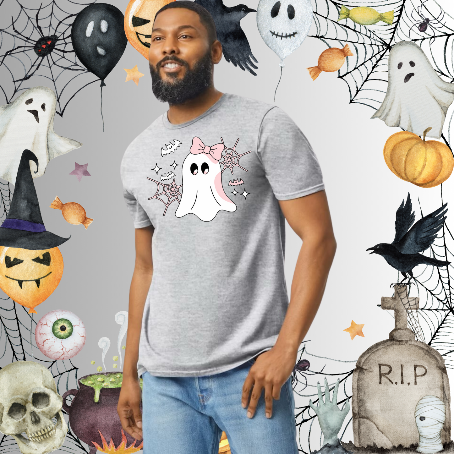 Adult Cute Ghost Pink Bow Tee