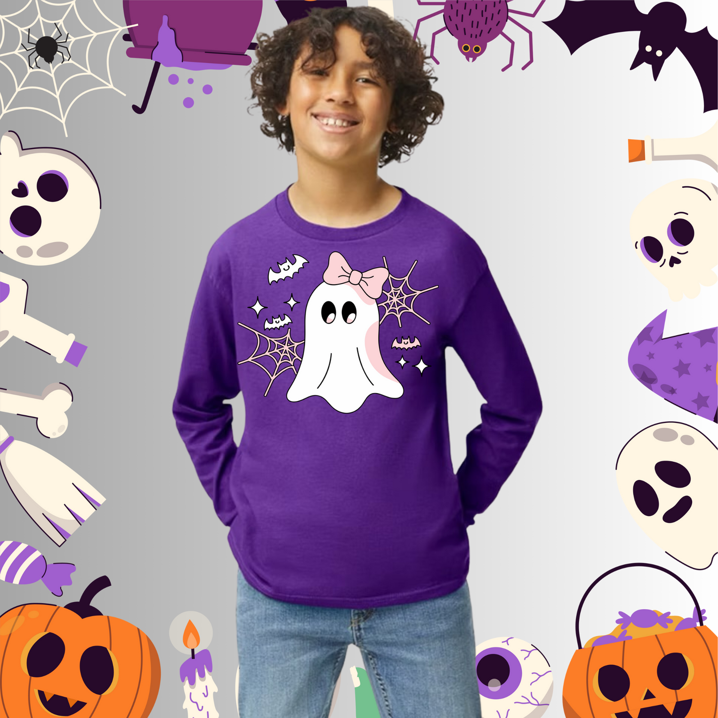 Youth Cute Ghost Pink Bow Long Sleeve