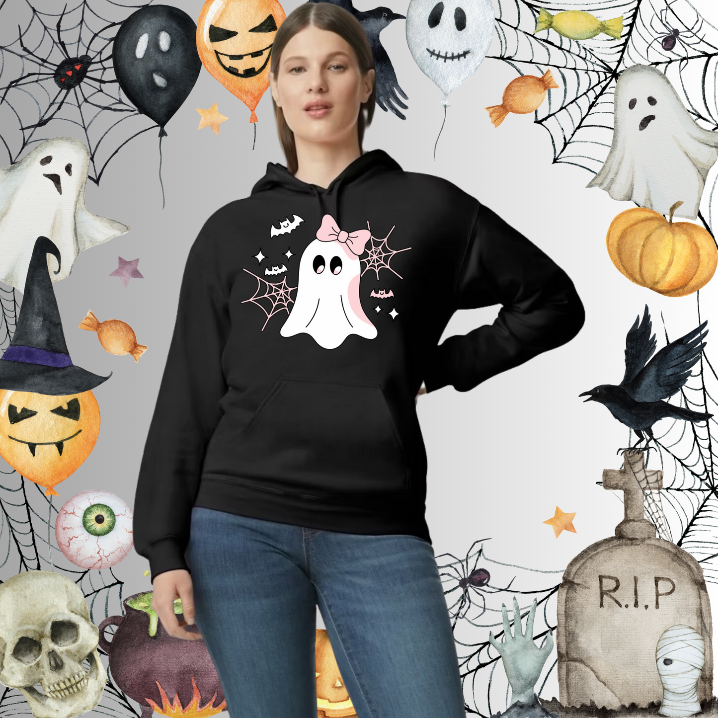 Adult Cute Ghost Pink Bow Hoodie