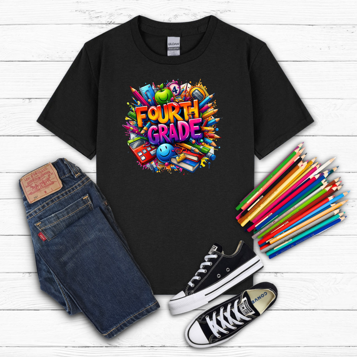 BTS School Supplies Art Collage Cotton Tee