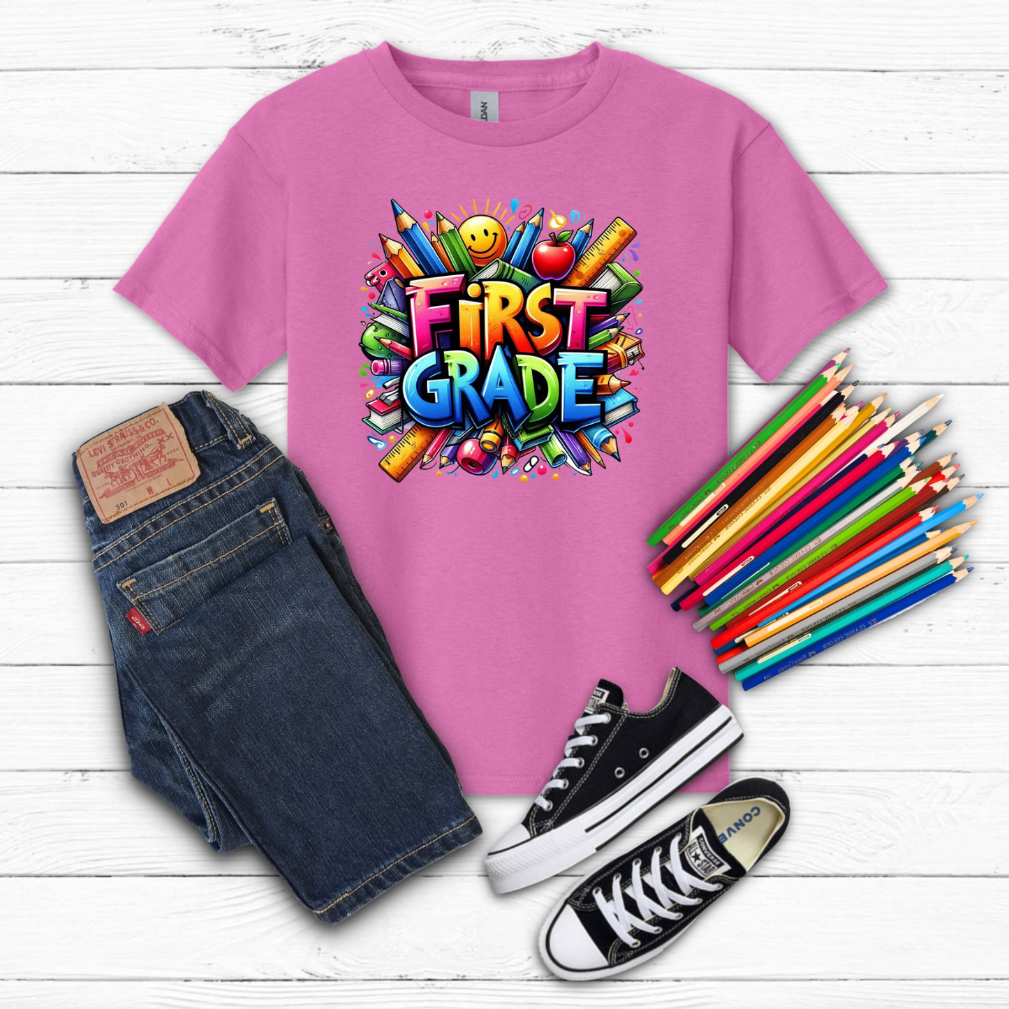 BTS School Supplies Art Collage Cotton Tee