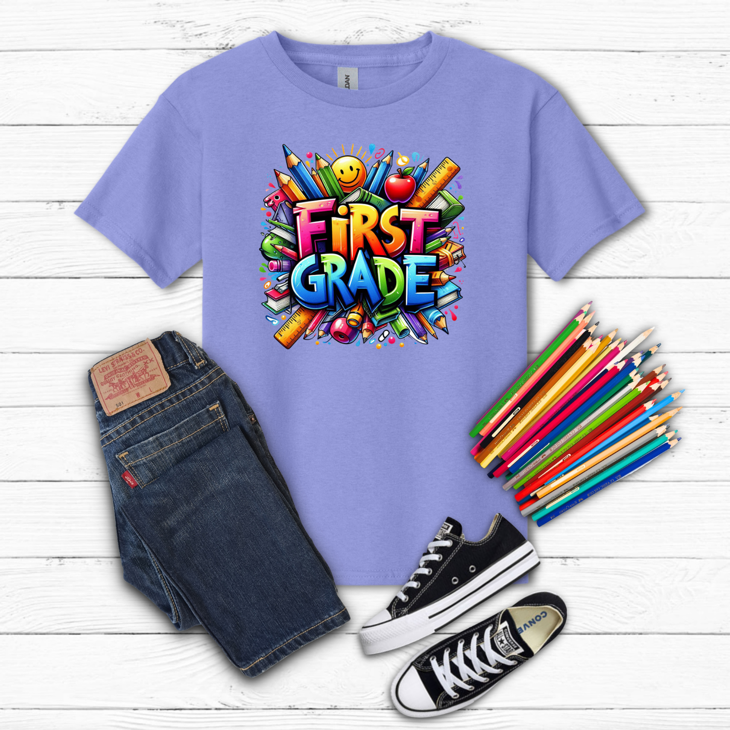 BTS School Supplies Art Collage Cotton Tee