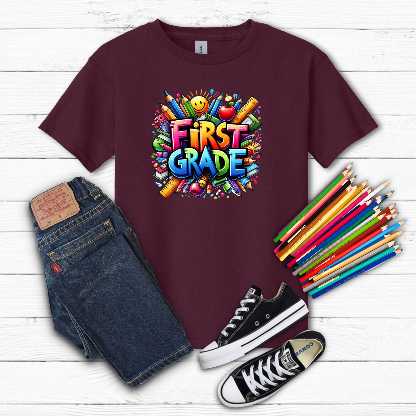 BTS School Supplies Art Collage Cotton Tee