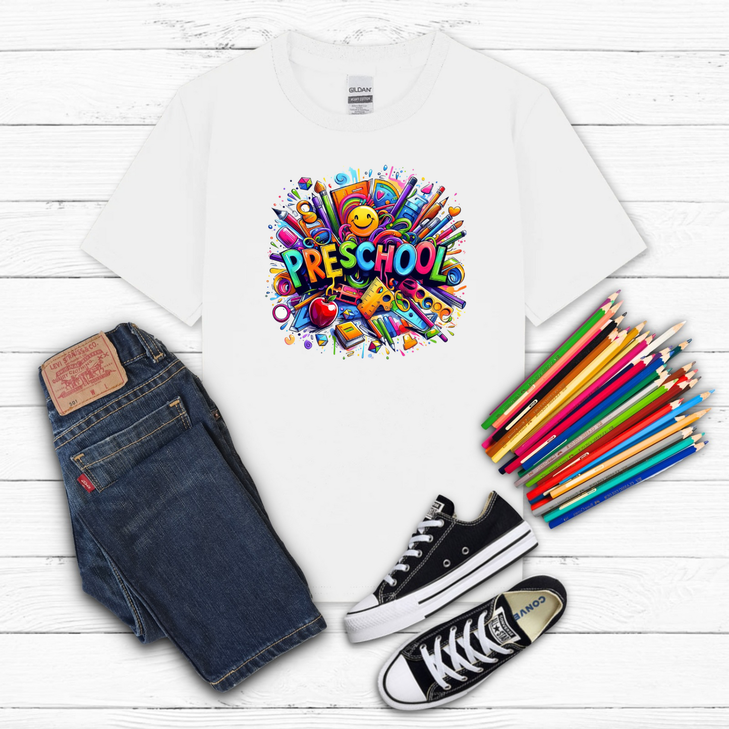 BTS School Supplies Art Collage Cotton Tee